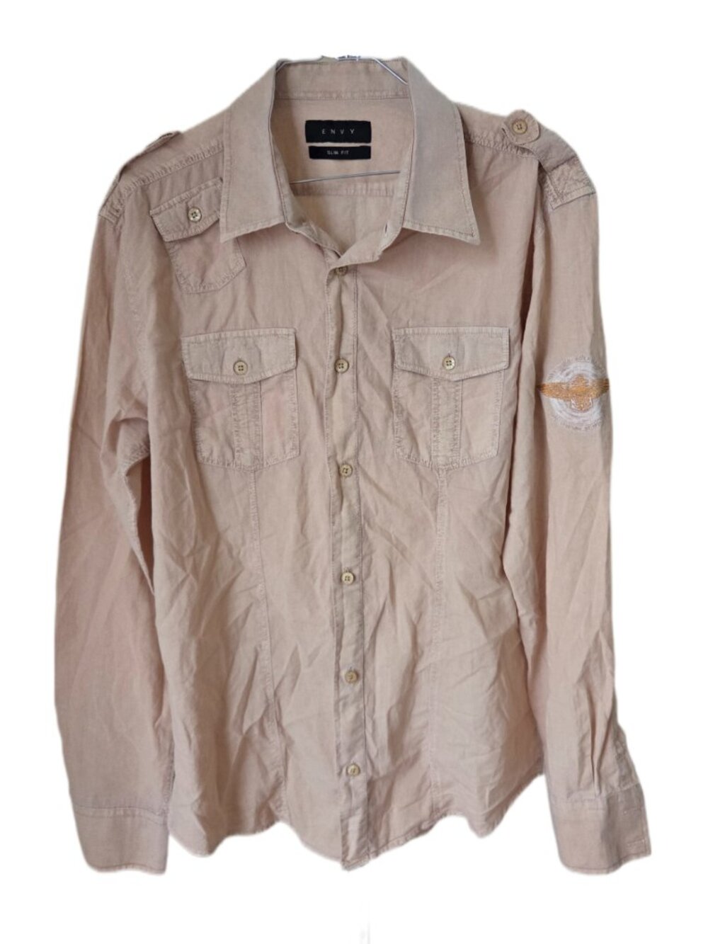 Envy Beige Slim Fit Military Style Button Up Men's Shirt